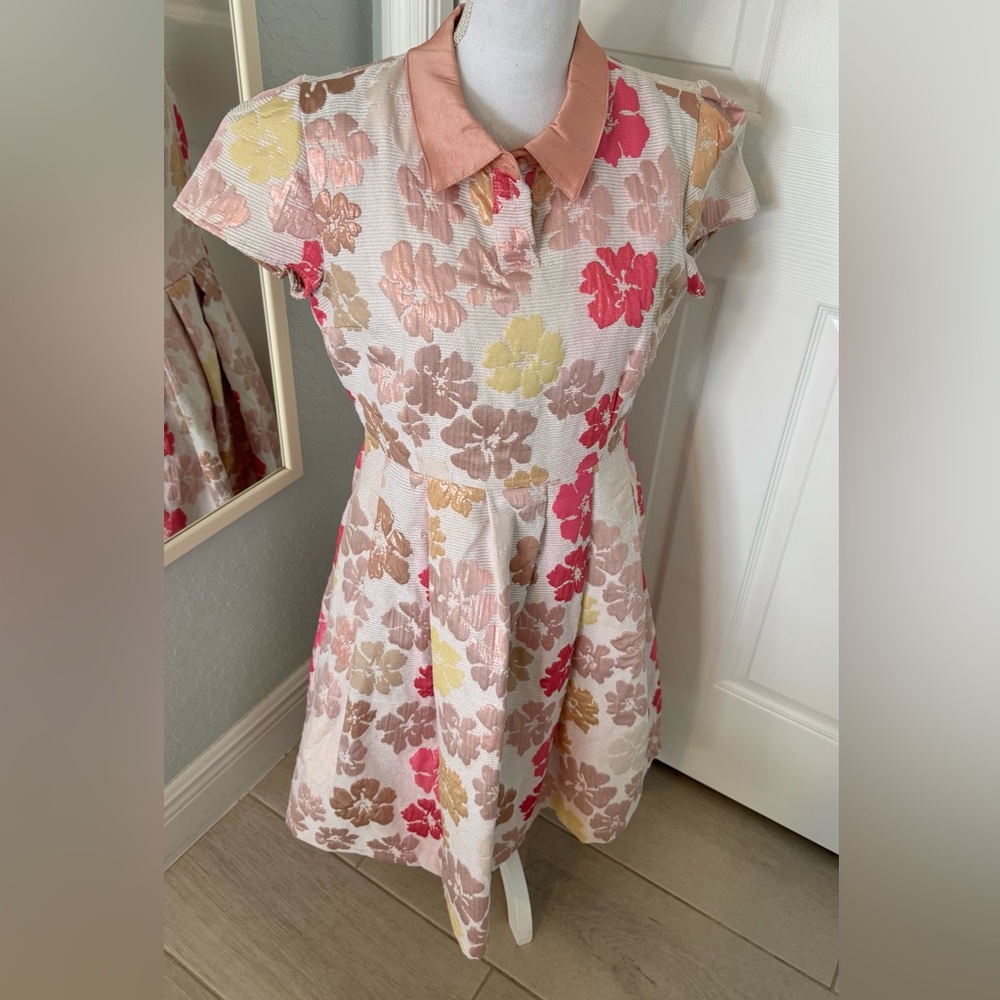 Modcloth Pink Floral Brocade “fit and flare” Mini Dress Sz Large